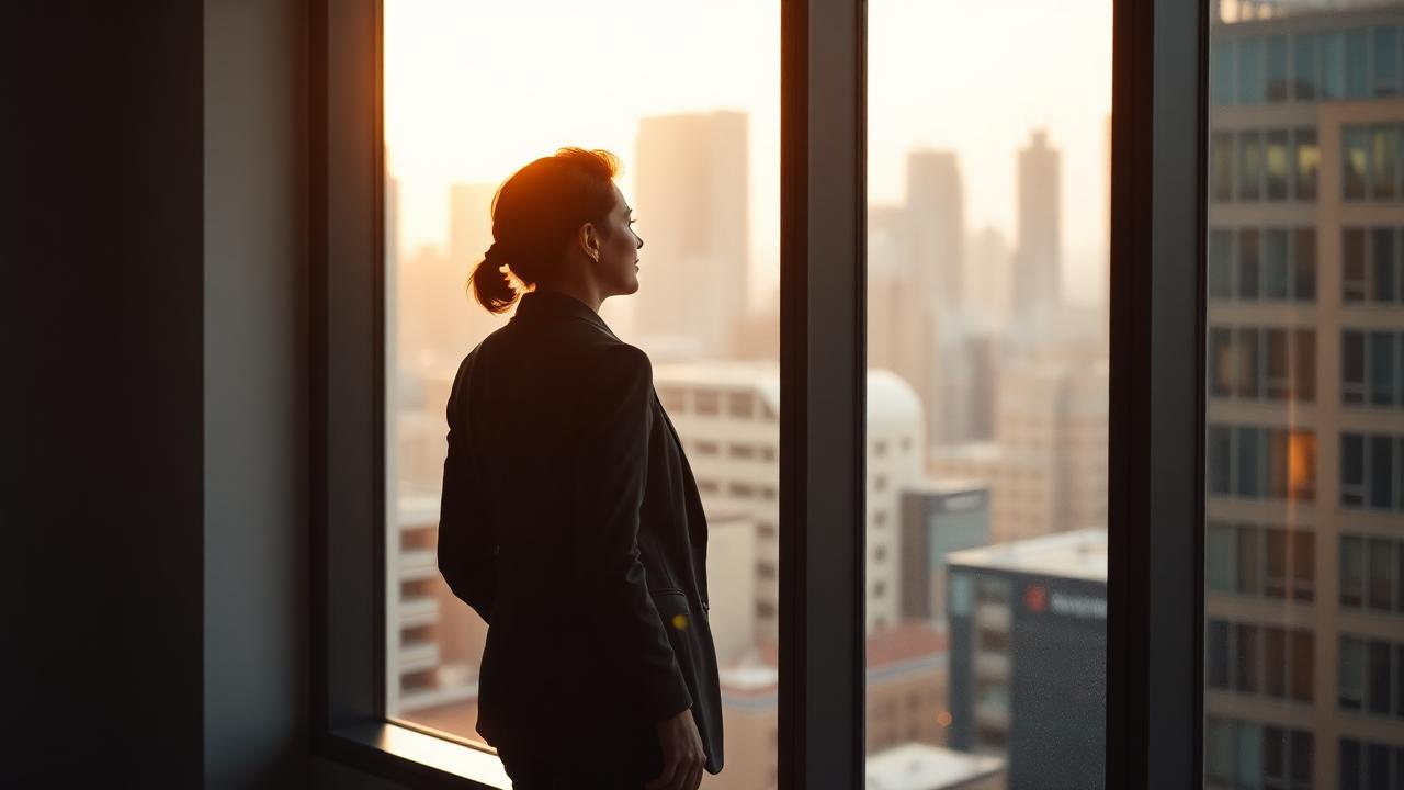 Young professional looking out an office window with quiet confidence