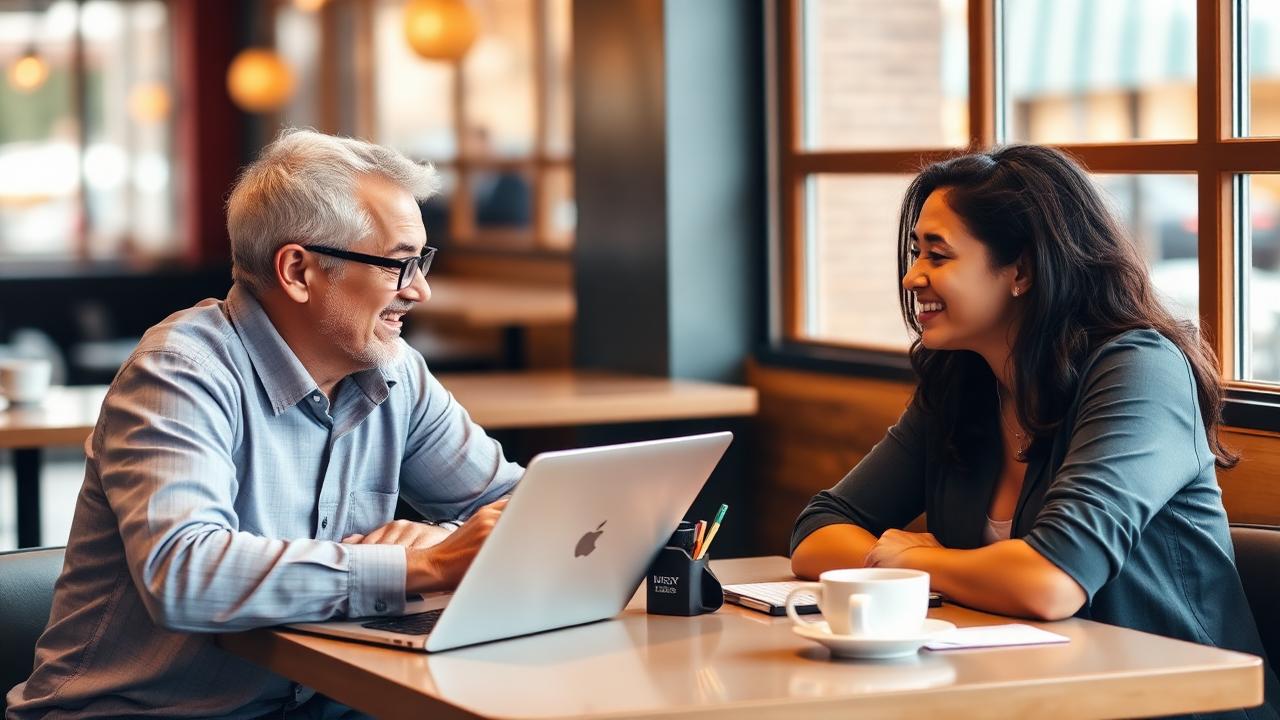Mentor and mentee having a friendly coffee chat at a cafe