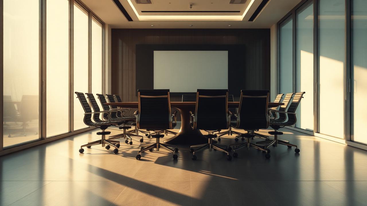 Empty modern boardroom with sunlight streaming through glass walls