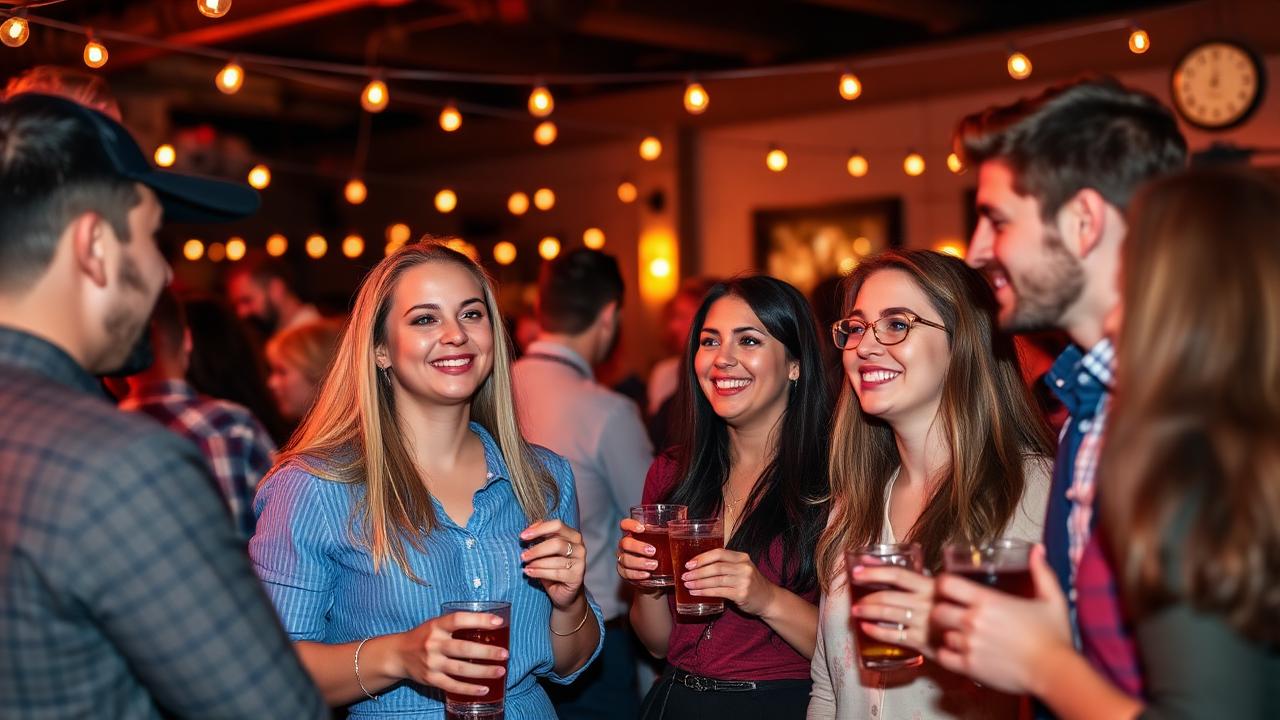 Young professionals chatting in small groups at a networking event with string lights