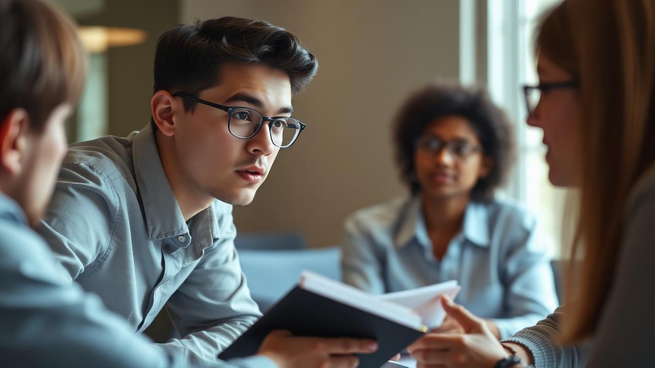 Young employee leaning forward asking a thoughtful question in a meeting