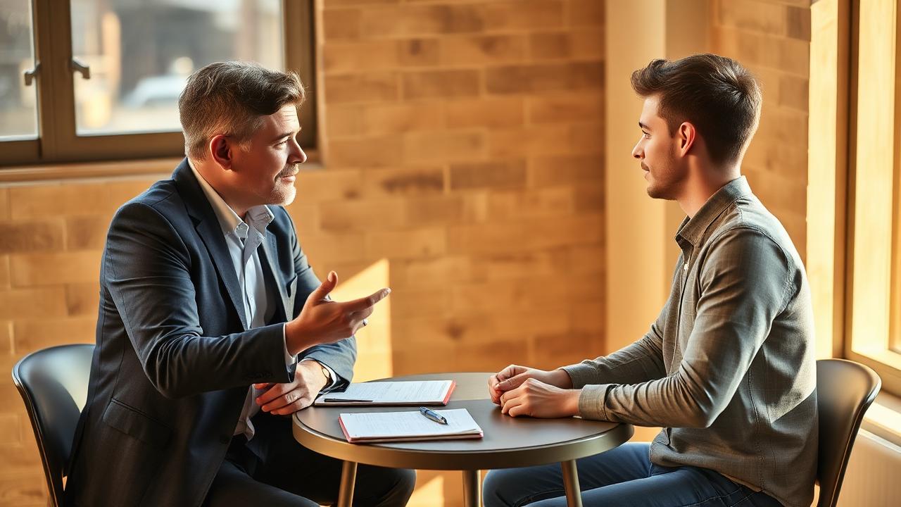 A manager and young employee in an open feedback conversation across a table