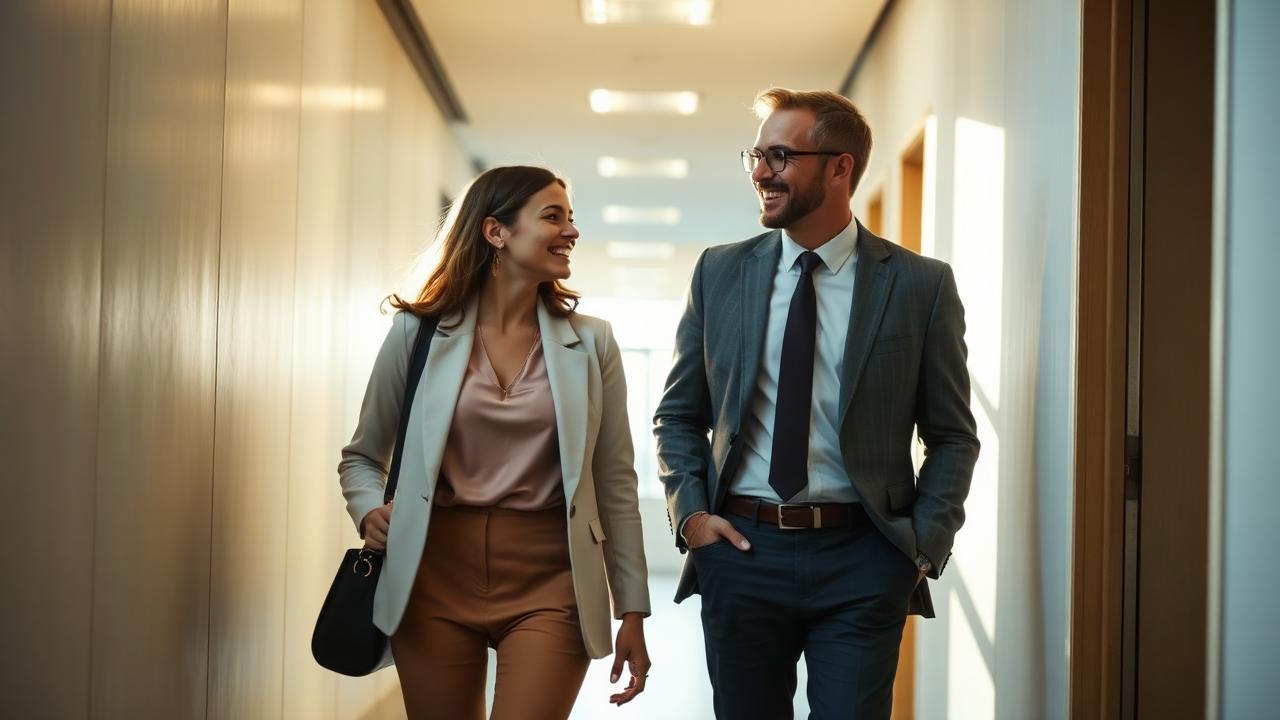 Young professional and their manager walking and talking in a sunlit corridor