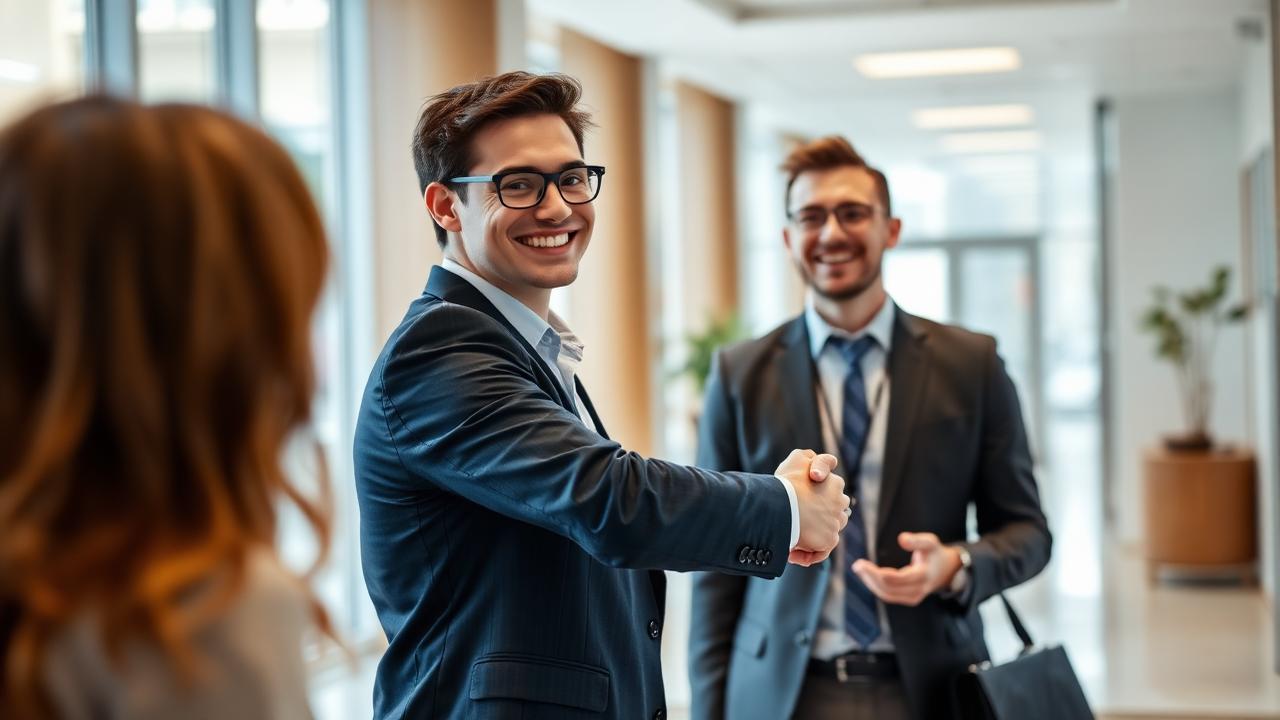 Confident handshake between a young professional and a recruiter in a bright office lobby