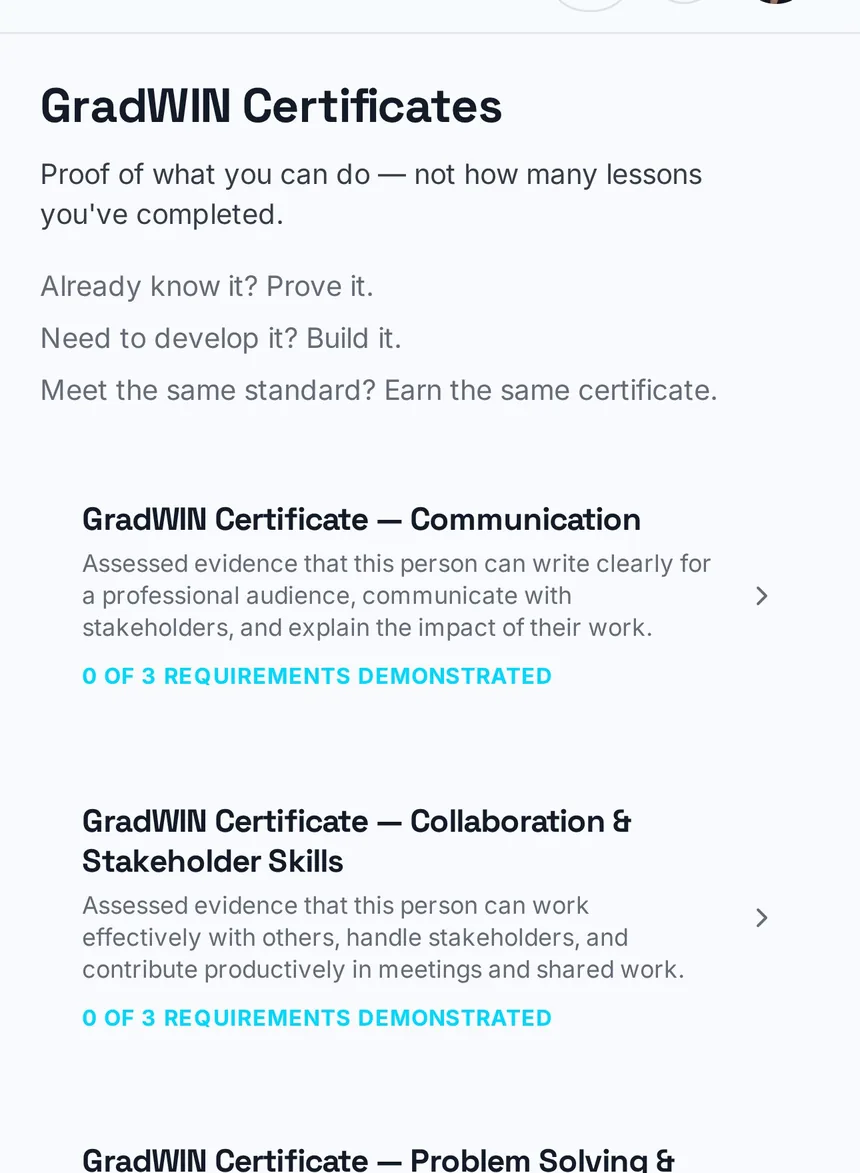 GradWIN evidence screen showing private career evidence linked to relevant progress