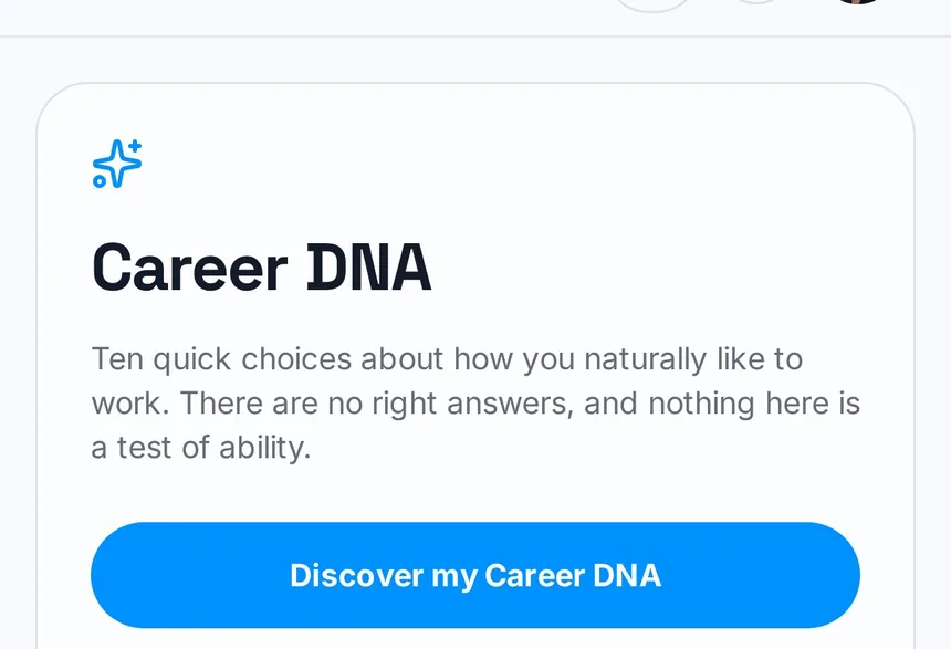 GradWIN Career DNA start screen explaining ten quick choices with no right answers