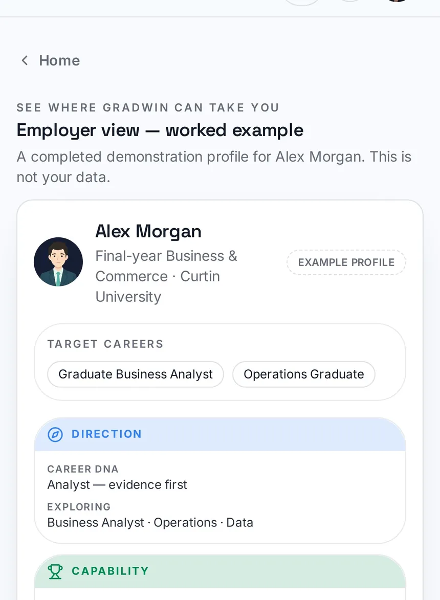 GradWIN employer view worked example showing a demonstration candidate profile with direction and capability sections