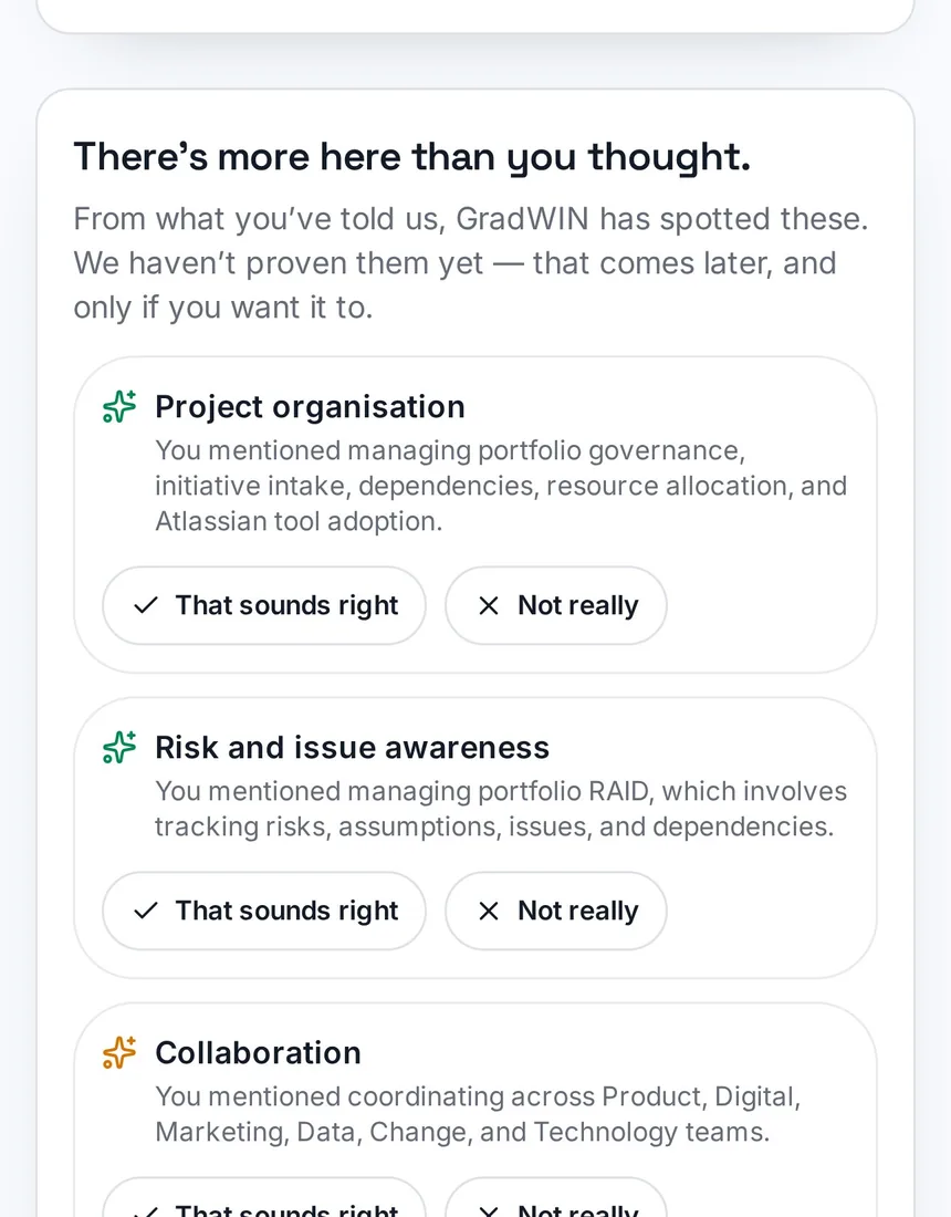 GradWIN home screen showing spotted capabilities with the reason for each and yes or no responses