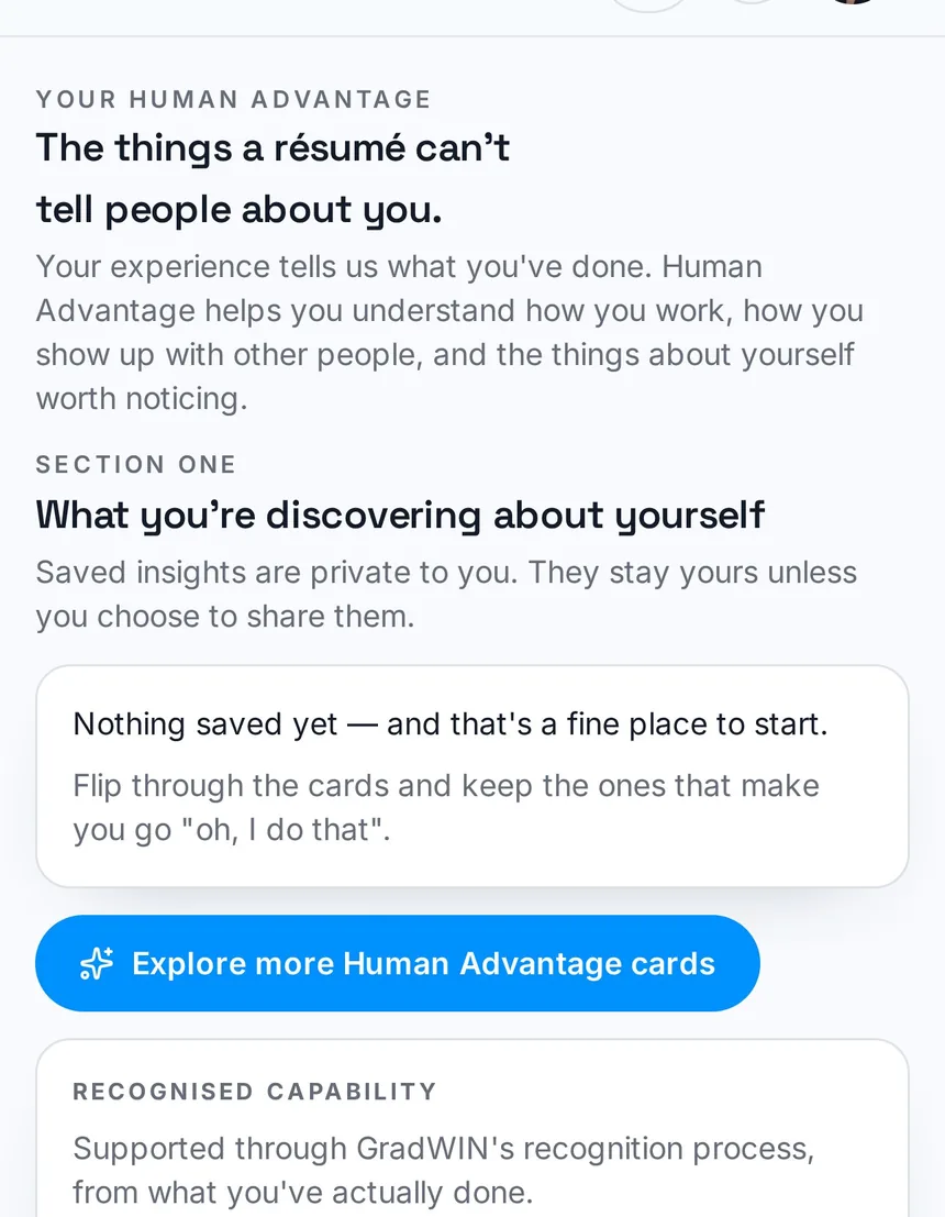 GradWIN Human Advantage screen introducing the things a résumé cannot tell people about you