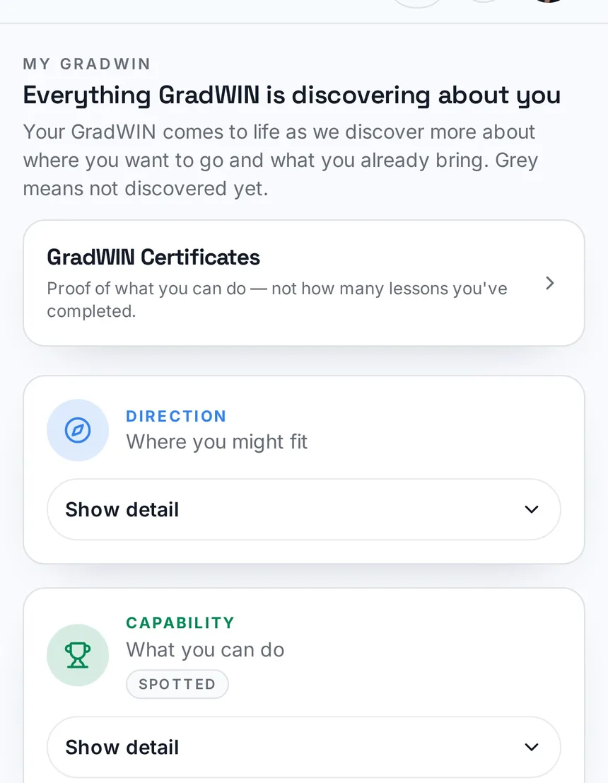 My GradWIN screen showing direction, capability and human advantage sections with their current state