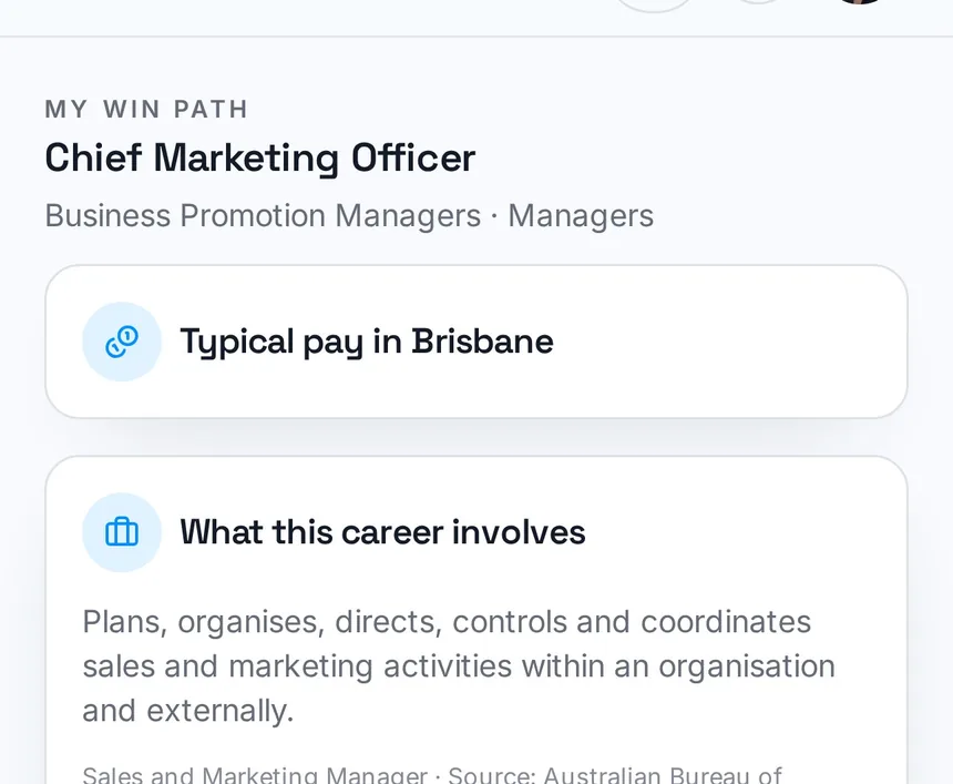GradWIN WIN Path screen for Chief Marketing Officer showing typical pay and an official occupation description
